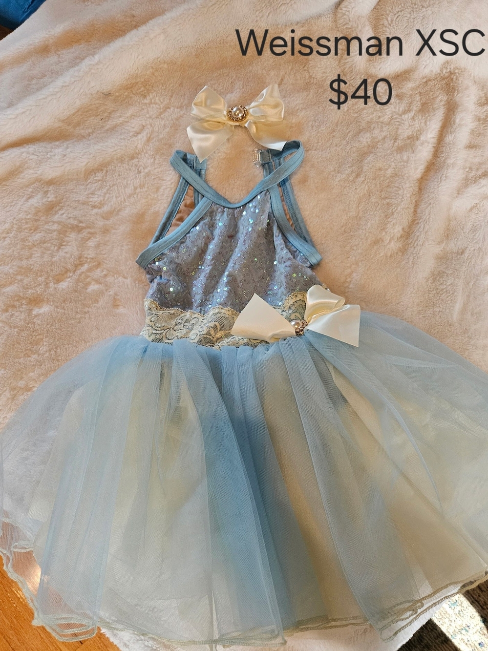 Weissman Light Blue Sequin & Tulle Dance Costume with Satin Bows